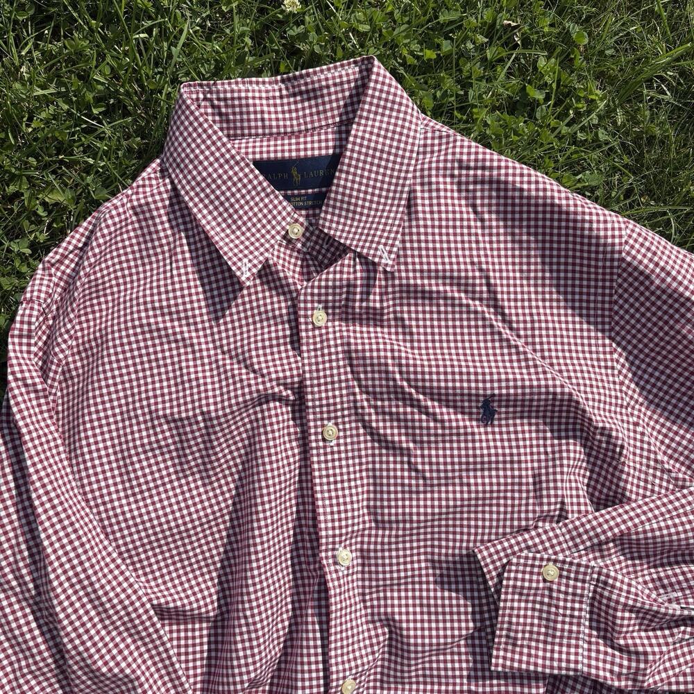 Ralph Lauren Mens Plaid Button Down Shirt, Long Sleeve Size Large Red Checker